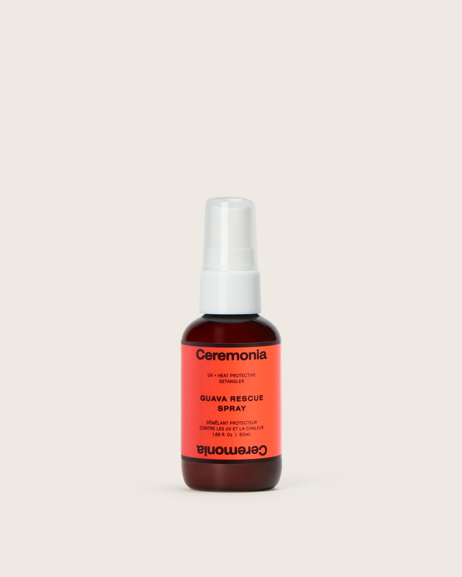 Hair detangler spray labeled Guava Rescue Spray from Ceremonia, offering UV and heat protection in a small pump bottle.