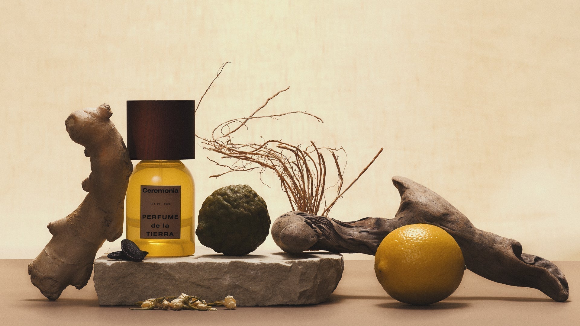 Ceremonia Perfume de la Tierra bottle on stone with ginger, lemon, and driftwood.