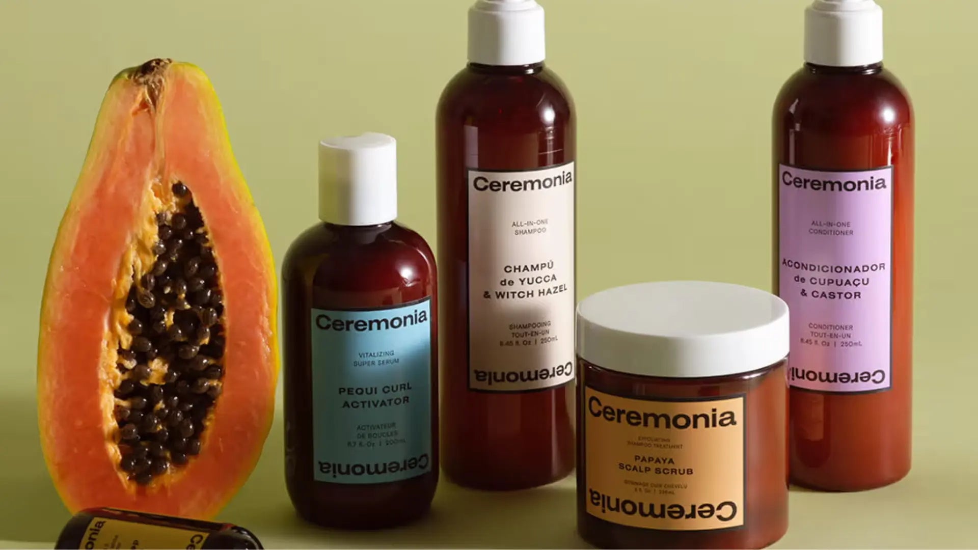 Scalp cleansing routine displayed with Ceremonia products including papaya scalp scrub and shampoo next to fresh papaya.