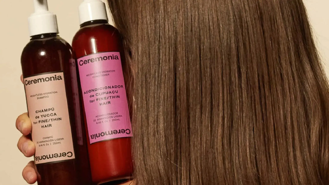 Hydrating shampoo and conditioner for fine or thin hair shown next to smooth, healthy strands.