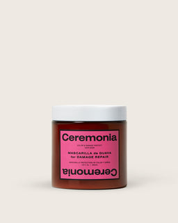 Ceremonia Guava Repair Mask amber jar with pink label for color-treated damaged hair, 230mL.