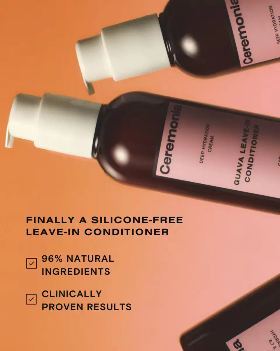 Hydrating leave-in conditioner bottles promoting silicone-free formula with 96% natural ingredients.