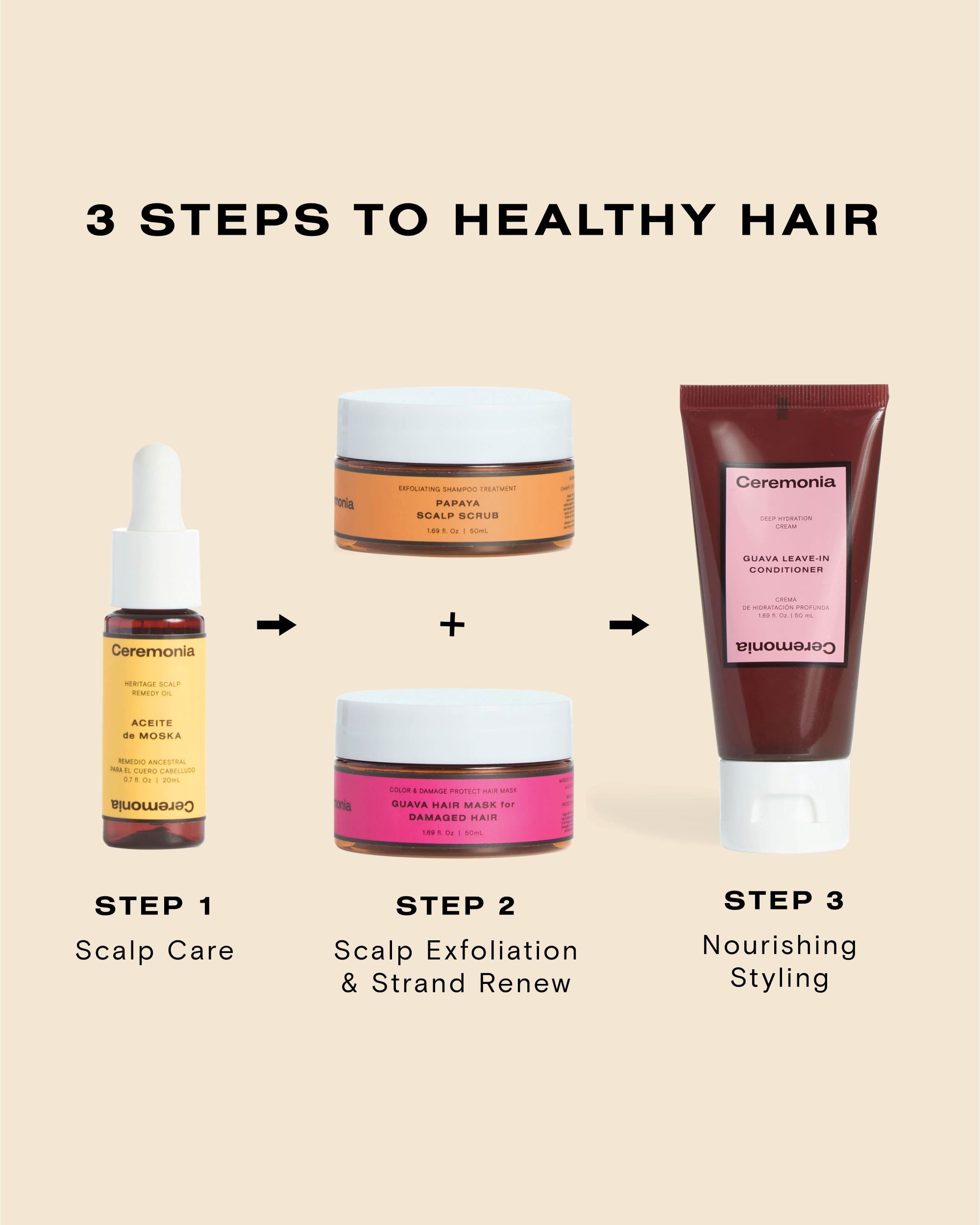 Scalp oil from Ceremonia shown as the first step in a three-step healthy hair care routine with scrub and conditioner.