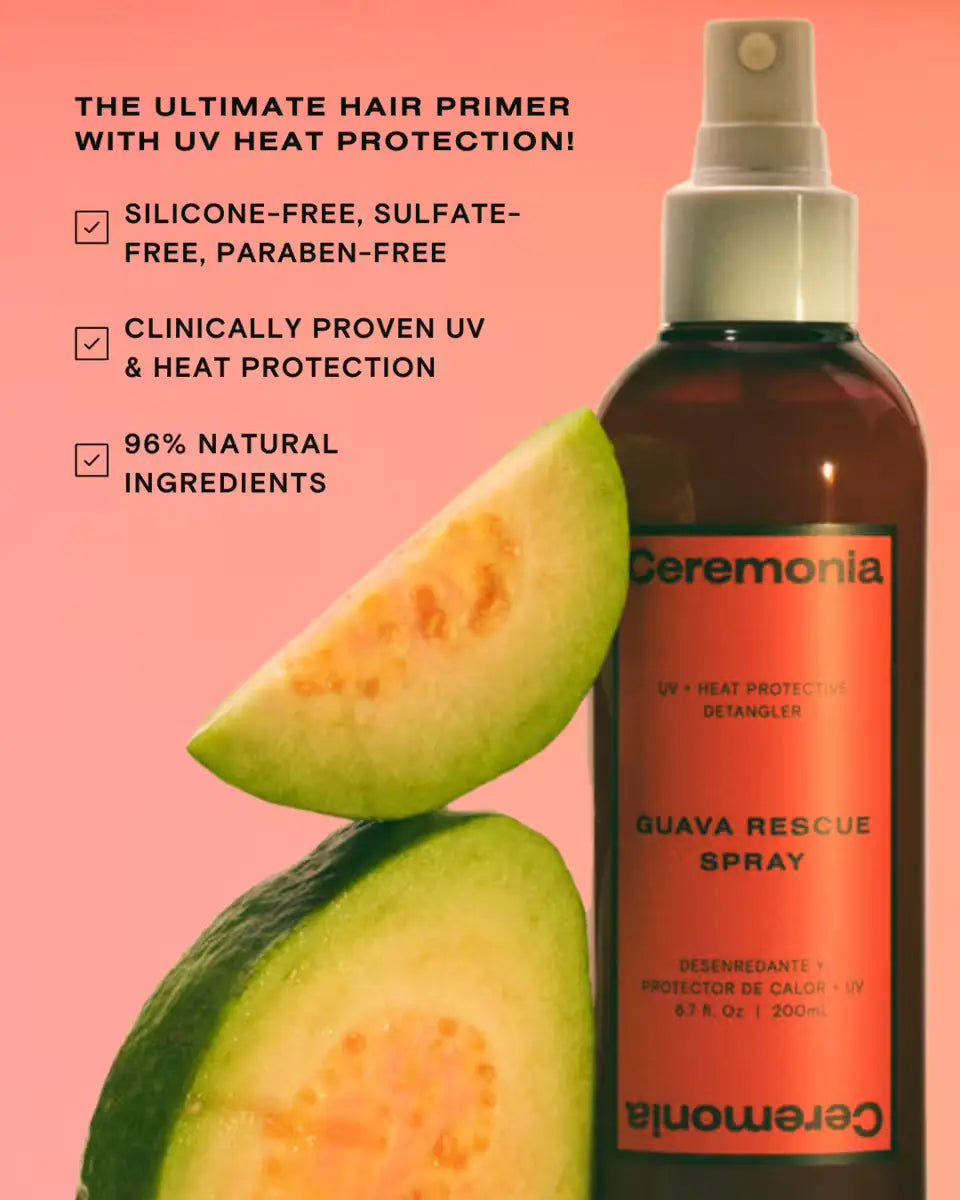 Guava detangler spray bottle shown beside fresh guava highlighting UV and heat protection benefits.