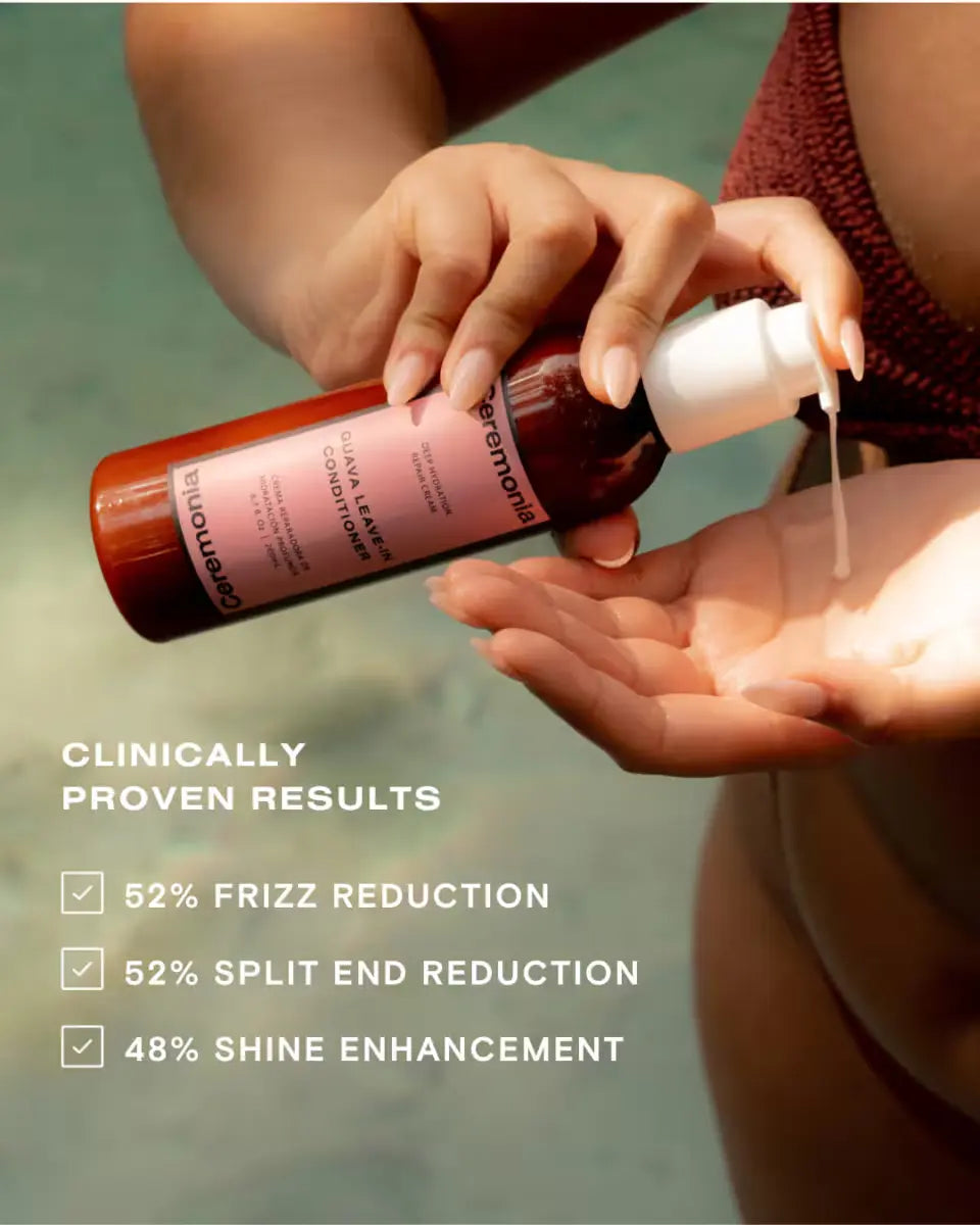 Leave-in conditioner being dispensed into hand, showing product texture and benefits like frizz and split-end reduction.