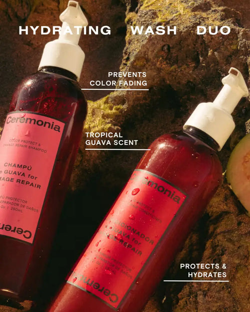 Guava shampoo and conditioner duo on mossy rocks: prevents color fading, tropical scent, protects and hydrates.