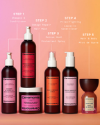 Hair care products arranged by step including shampoo, conditioner, mask, spray, and perfume mist.
