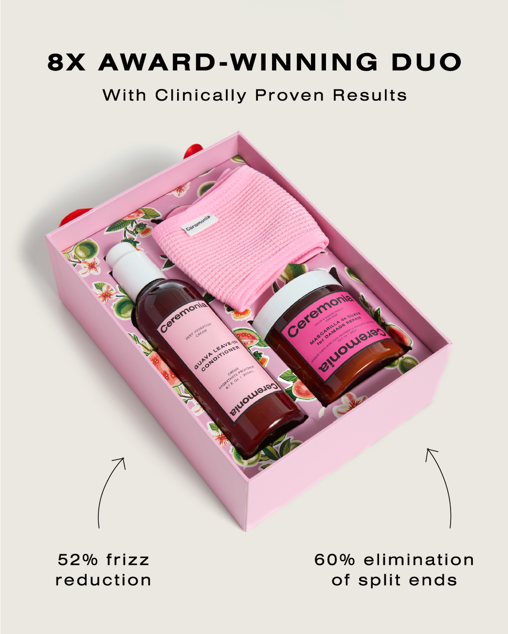Leave-in conditioner featured in a pink Ceremonia gift set with hair mask and headband, promoting frizz and split end reduction.
