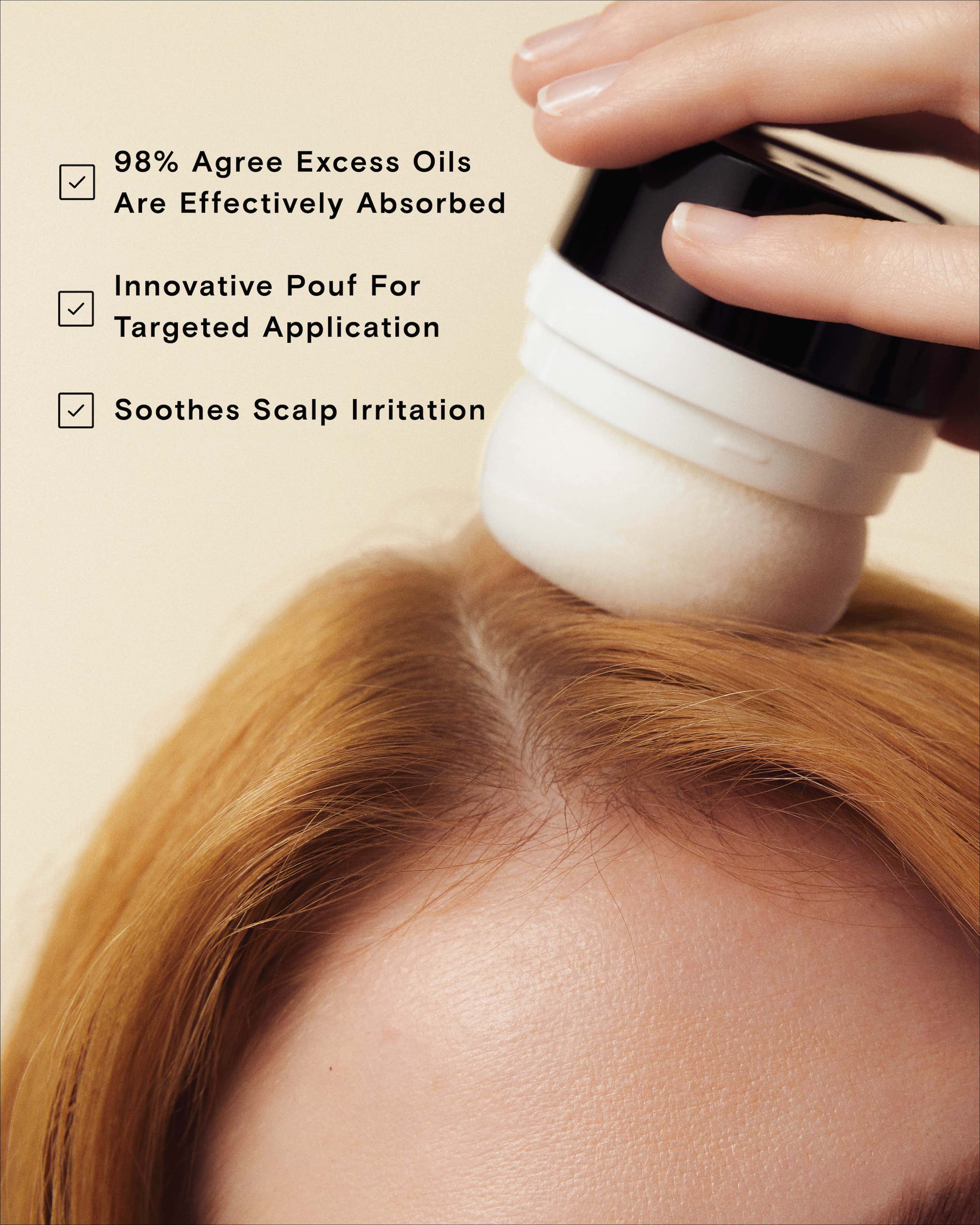 Dry shampoo pouf being applied to scalp with claims of oil absorption, targeted application, and soothing scalp irritation.