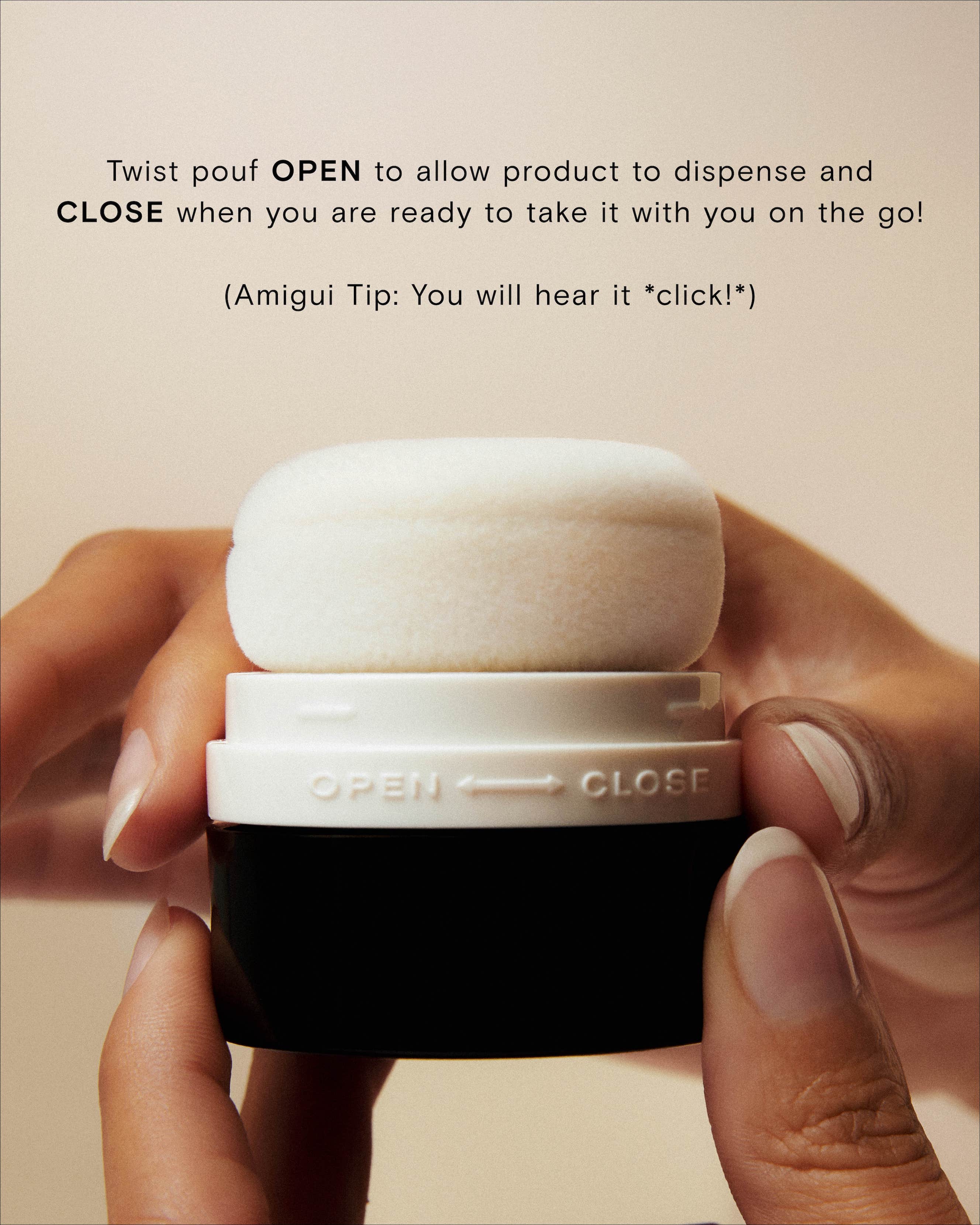 Dry shampoo applicator with twist-to-open pouf being held, showing instructions for dispensing and travel-friendly closure.