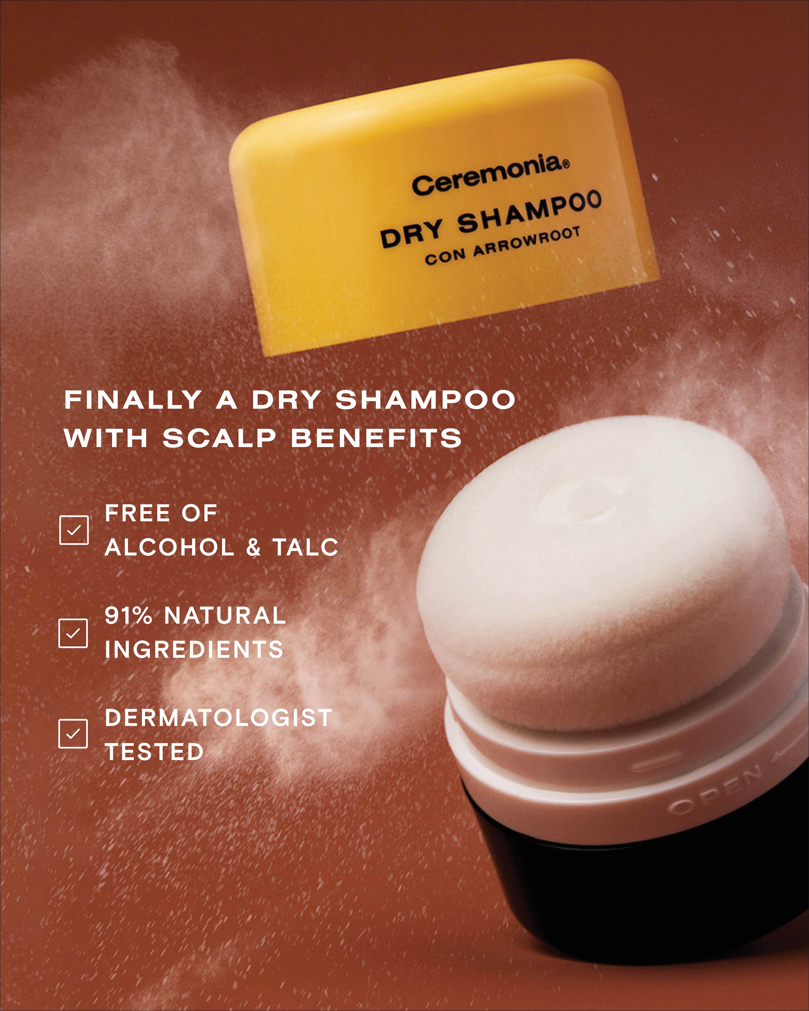 Dry shampoo by Ceremonia with visible powder dispersion, highlighting scalp benefits, natural ingredients, and alcohol- and talc-free formula.