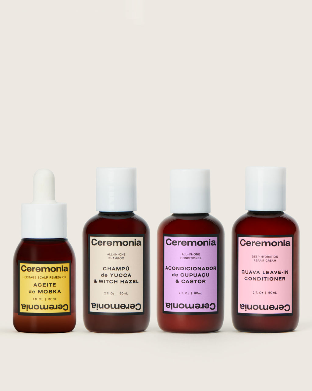 Guava leave-in conditioner shown in a travel-size essentials lineup with other Ceremonia mini products.