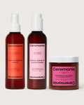 Hair mask alongside guava rescue spray and leave-in conditioner in a Ceremonia hair care trio.