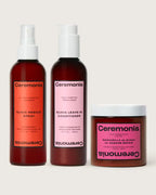 Hair mask alongside guava rescue spray and leave-in conditioner in a Ceremonia hair care trio.