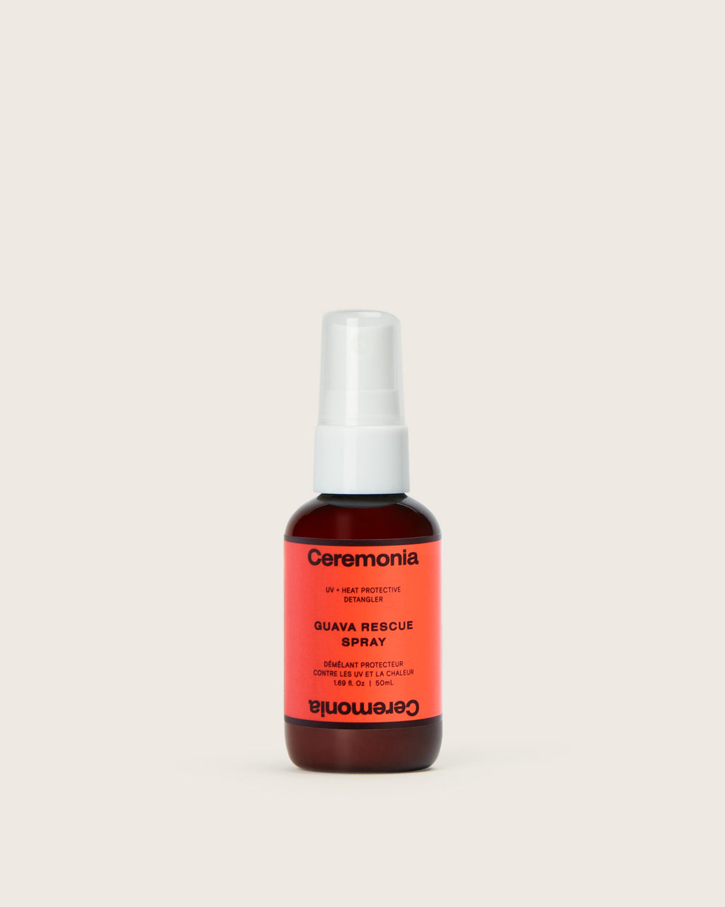 Hair detangler spray labeled Guava Rescue Spray from Ceremonia, offering UV and heat protection in a small pump bottle.