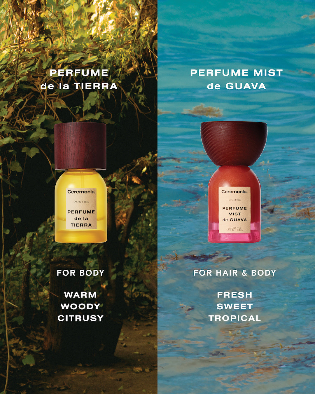 Perfume mist de Guava bottle for hair and body with a fresh, sweet, tropical scent shown over a water background.