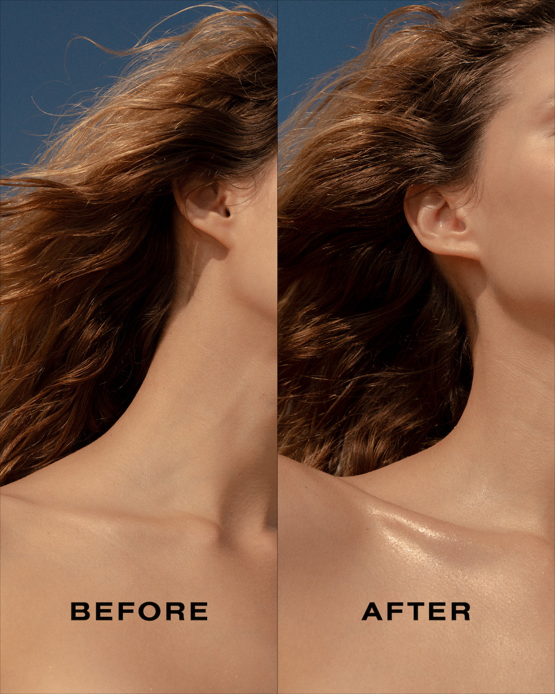 Perfume mist before and after comparison showing enhanced glow and hydration on the skin under natural sunlight.