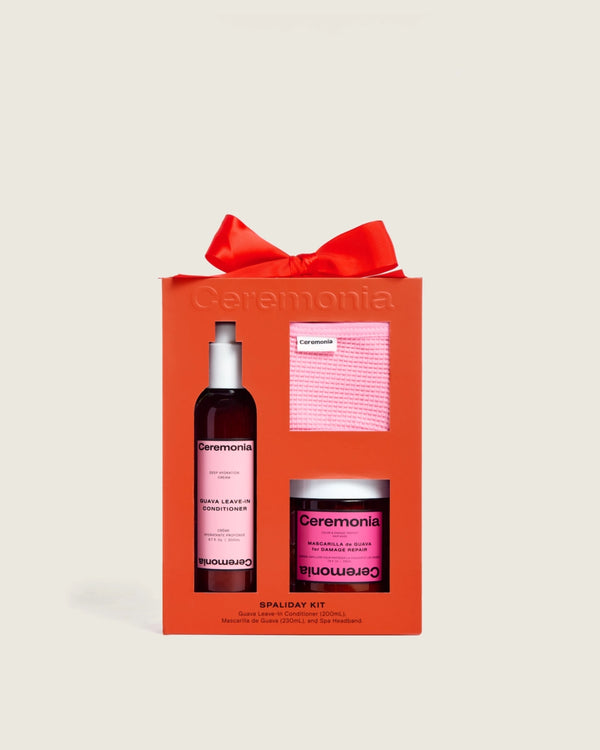 Hair mask for colored hair included in the Ceremonia Spaliday Kit with guava leave-in conditioner and pink headband.