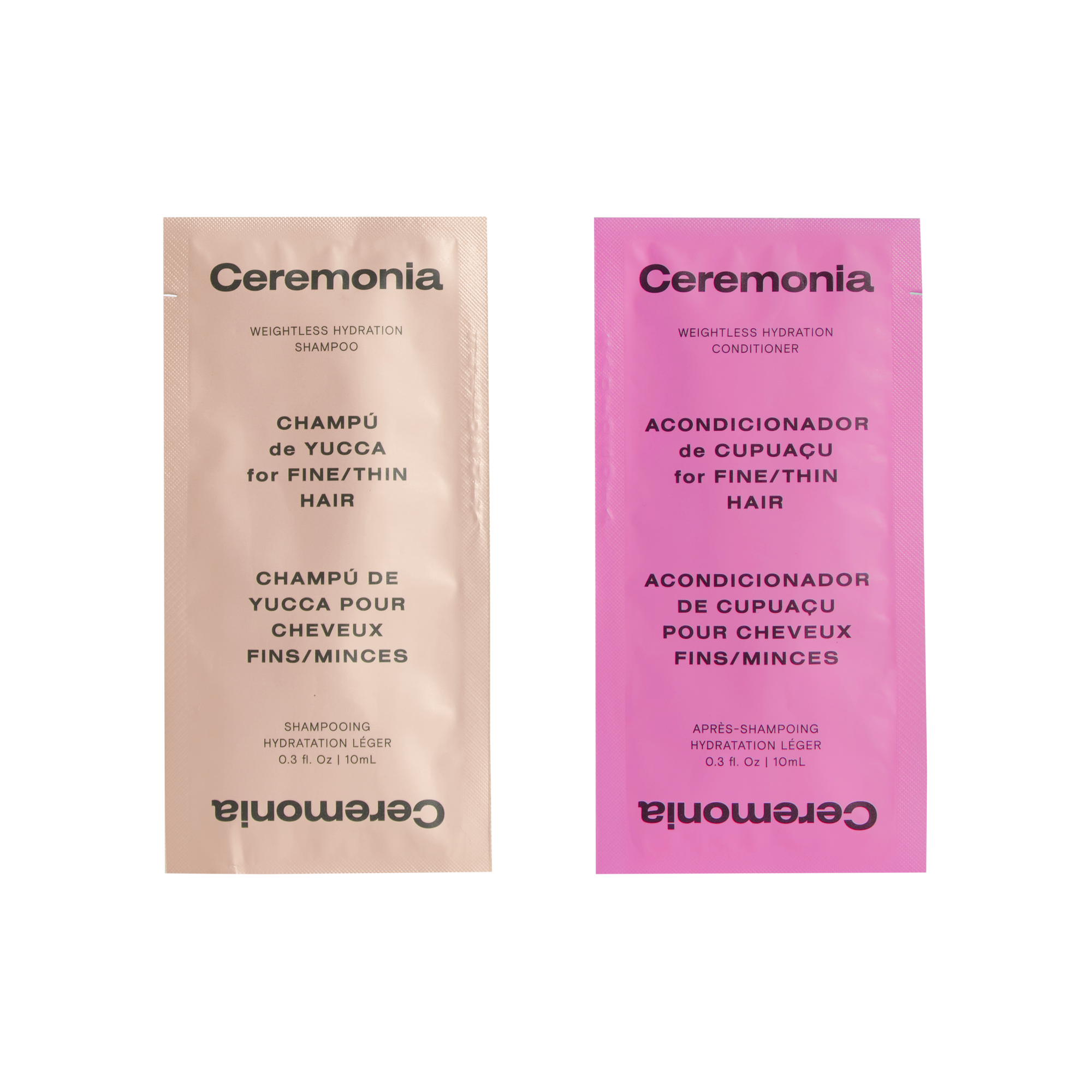 Shampoo for thin hair in Ceremonia sample sachet labeled Champú de Yucca for fine or thin hair hydration.