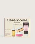 Hair care products in a Ceremonia wellness kit featuring scalp oil, scrubs, mask, and leave-in conditioner.