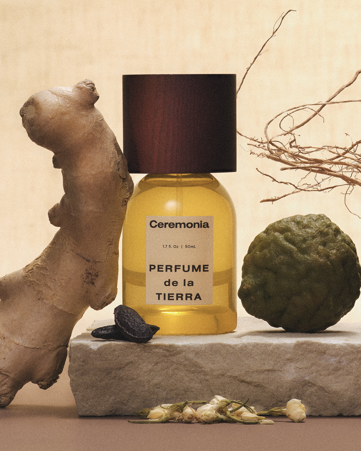 Perfume mist de la Tierra bottle displayed with natural ingredients like ginger, bergamot, and jasmine on stone.