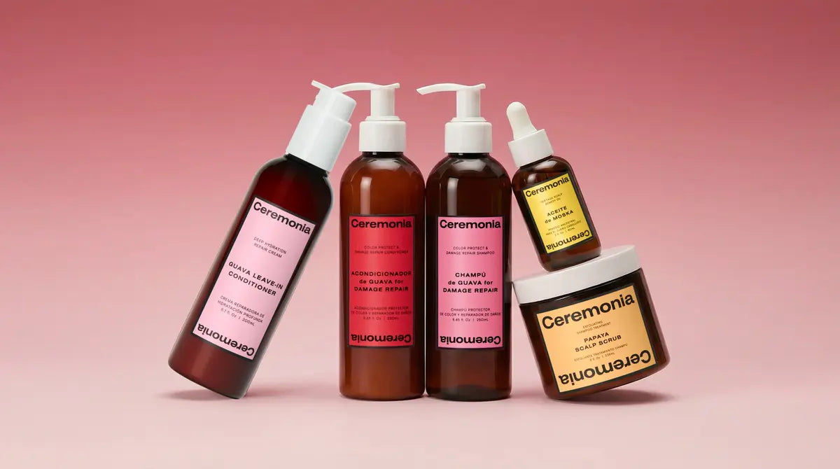 Ceremonia guava shampoo and conditioner ritual set with scalp oil and papaya scrub on pink.