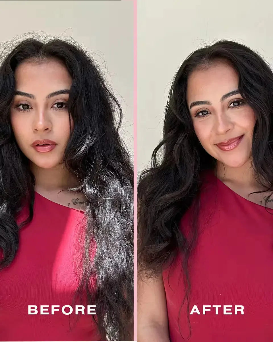 Before and after showing frizzy dark hair transformed into smooth, hydrated waves after using Guava Leave-In Conditioner.