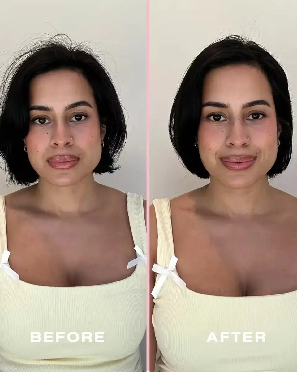 Before and after showing frizzy short hair transformed into smooth, sleek strands after using guava conditioner.