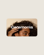 Ceremonia digital gift card featuring a curly-haired model and the brand wordmark.