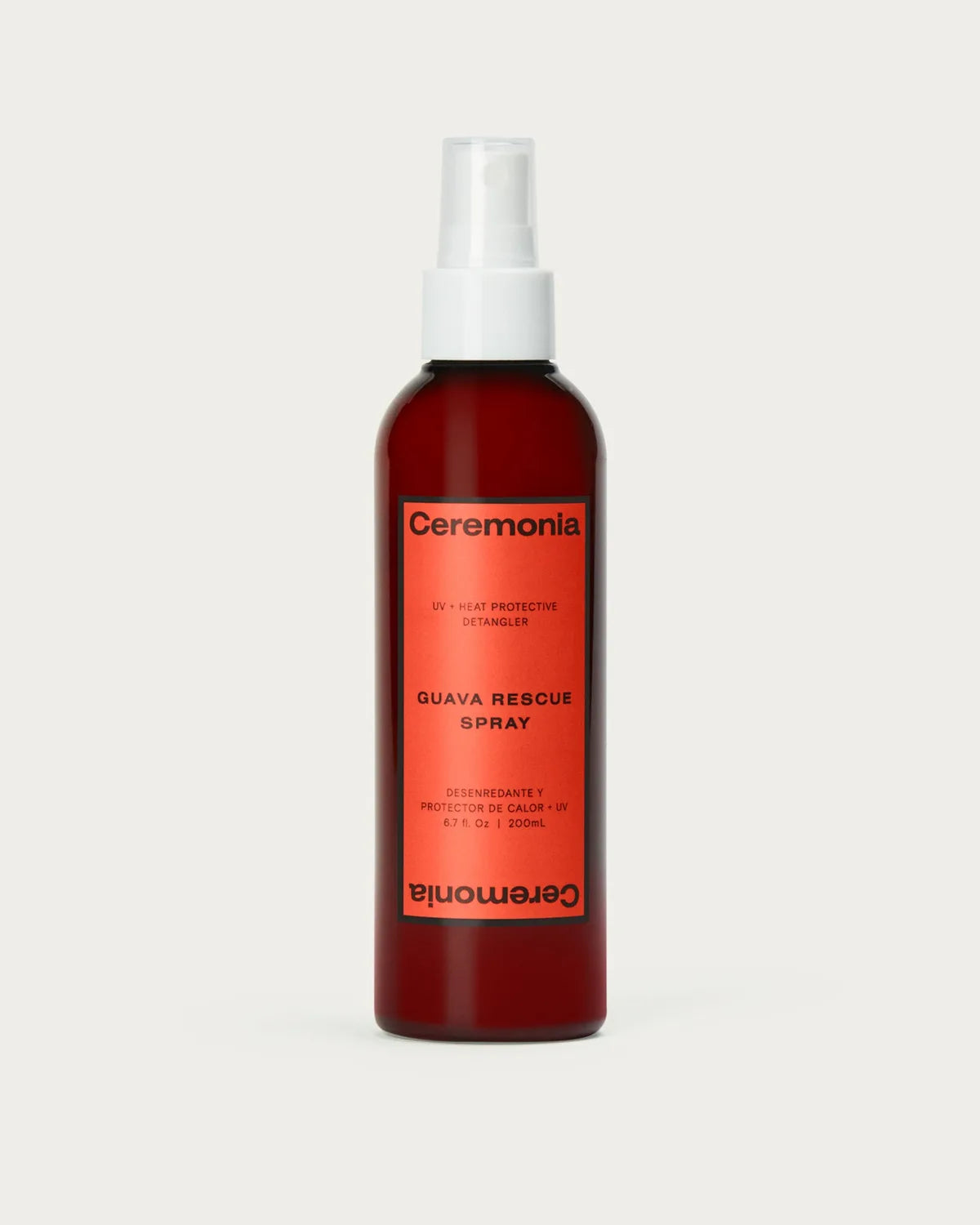 Ceremonia Guava Rescue Spray UV and heat protective detangler in 200ml amber bottle.