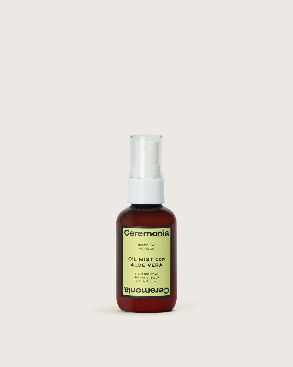 Ceremonia Oil Mist con Aloe Vera spray bottle with green label and 60ml nourishing hair elixir.