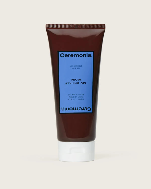 Ceremonia Pequi Styling Gel in a 6.7 oz brown tube with blue medium-hold label.