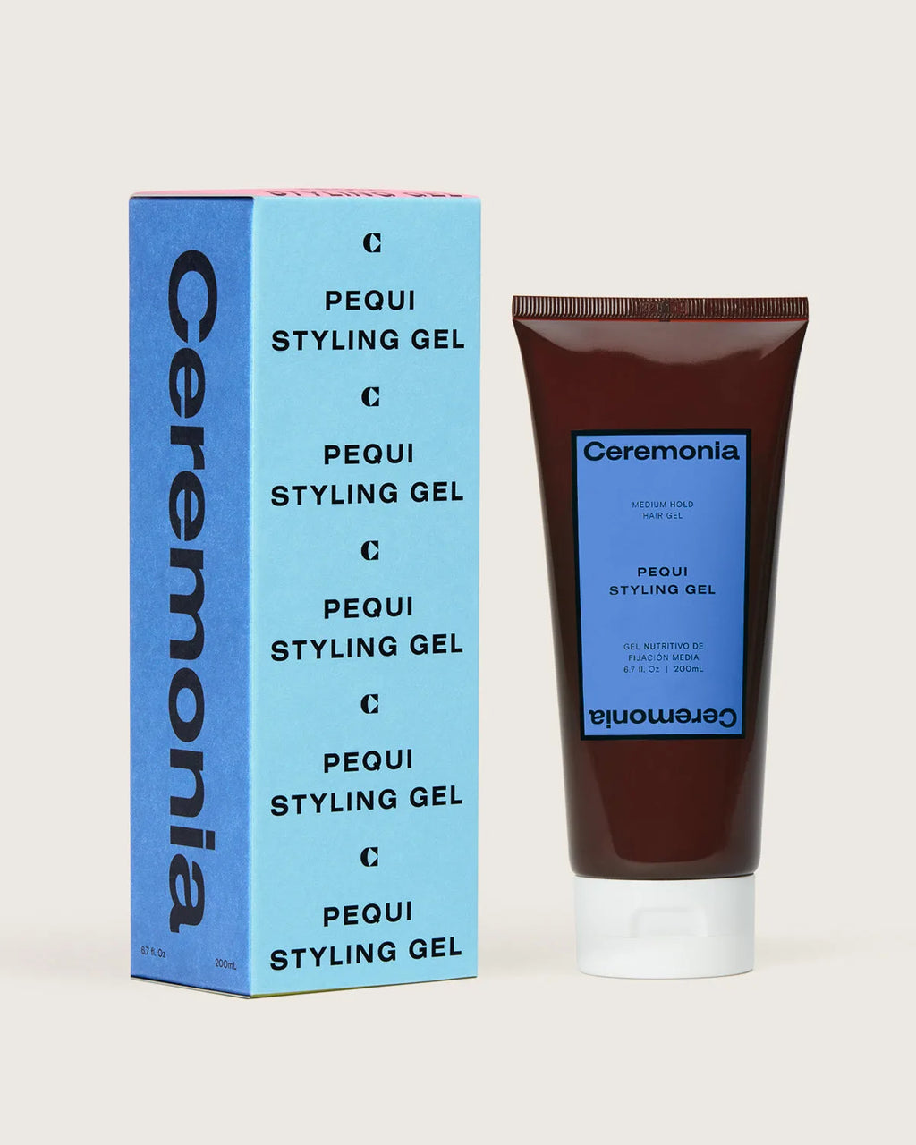 Ceremonia Pequi Styling Gel tube beside its blue patterned carton box, 6.7 fl oz.