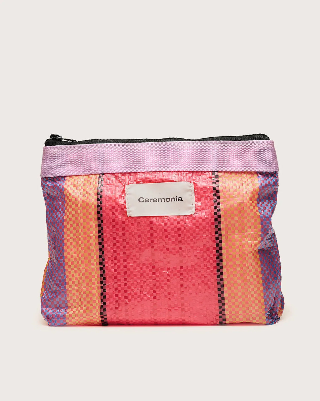 Guava pink striped Pouch de Mercado in upcycled woven polypropylene with lilac trim and zipper.