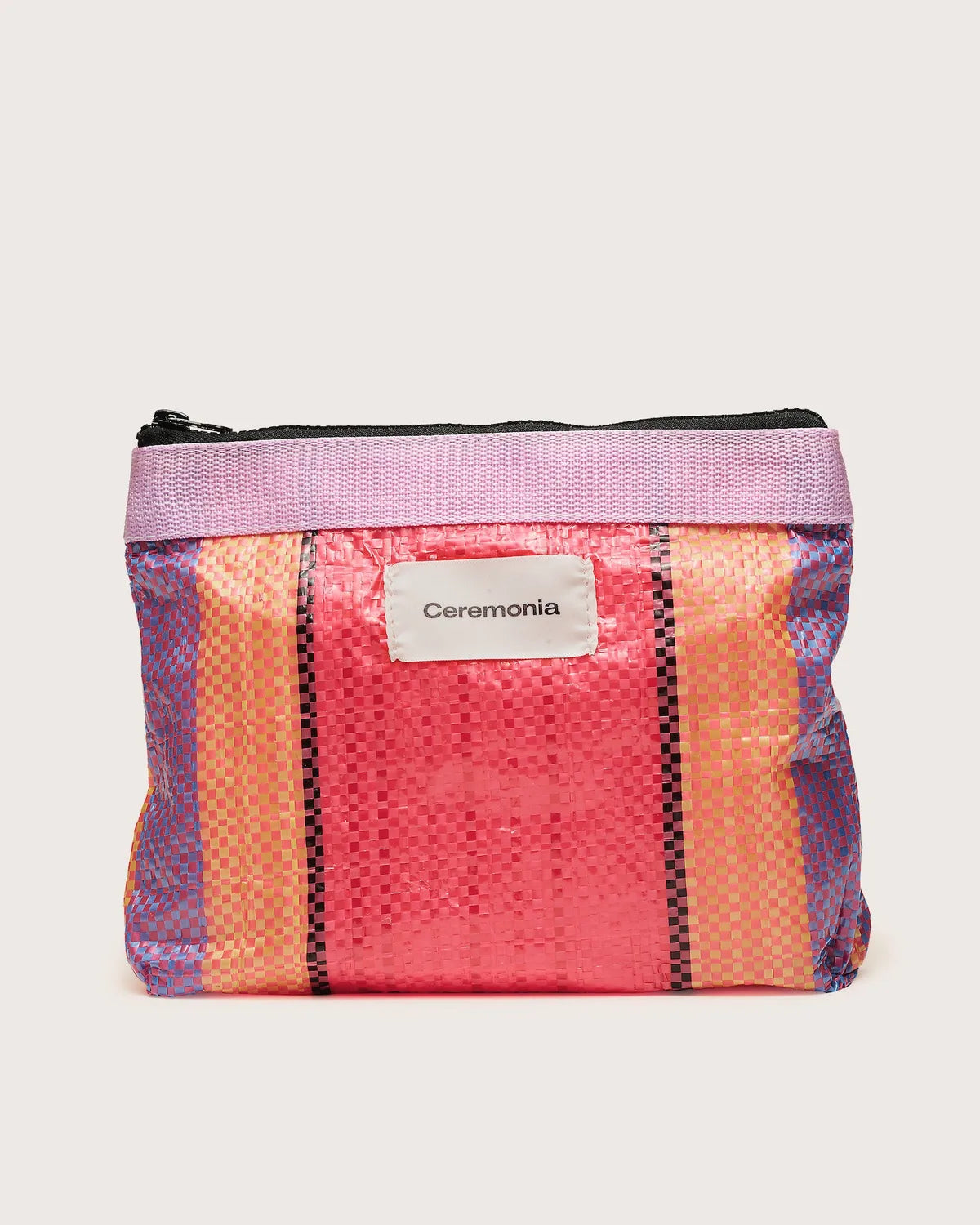 Guava pink striped Pouch de Mercado in upcycled woven polypropylene with lilac trim and zipper.