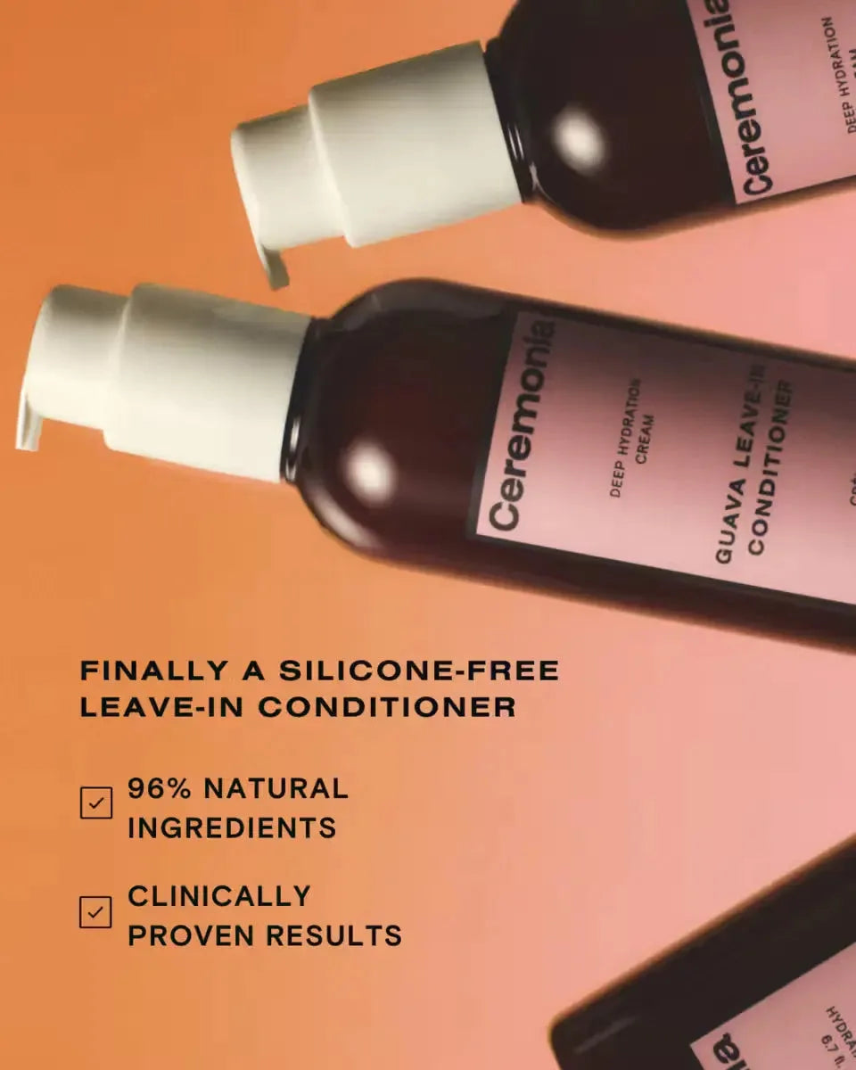 Hydrating leave-in conditioner bottles promoting silicone-free formula with 96% natural ingredients.