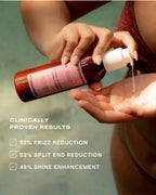 Leave-in conditioner being dispensed into hand, showing product texture and benefits like frizz and split-end reduction.