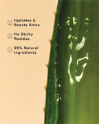 Pequi styling gel benefits: hydrates, boosts shine, no sticky residue, 95% natural ingredients beside aloe leaf.