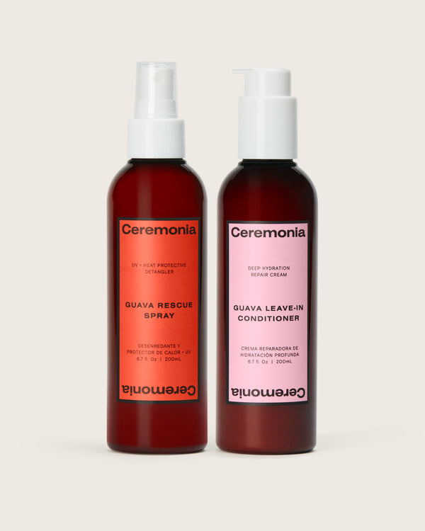 Guava Rescue Spray and Guava Leave-in Conditioner bottles side by side with red and pink labels.