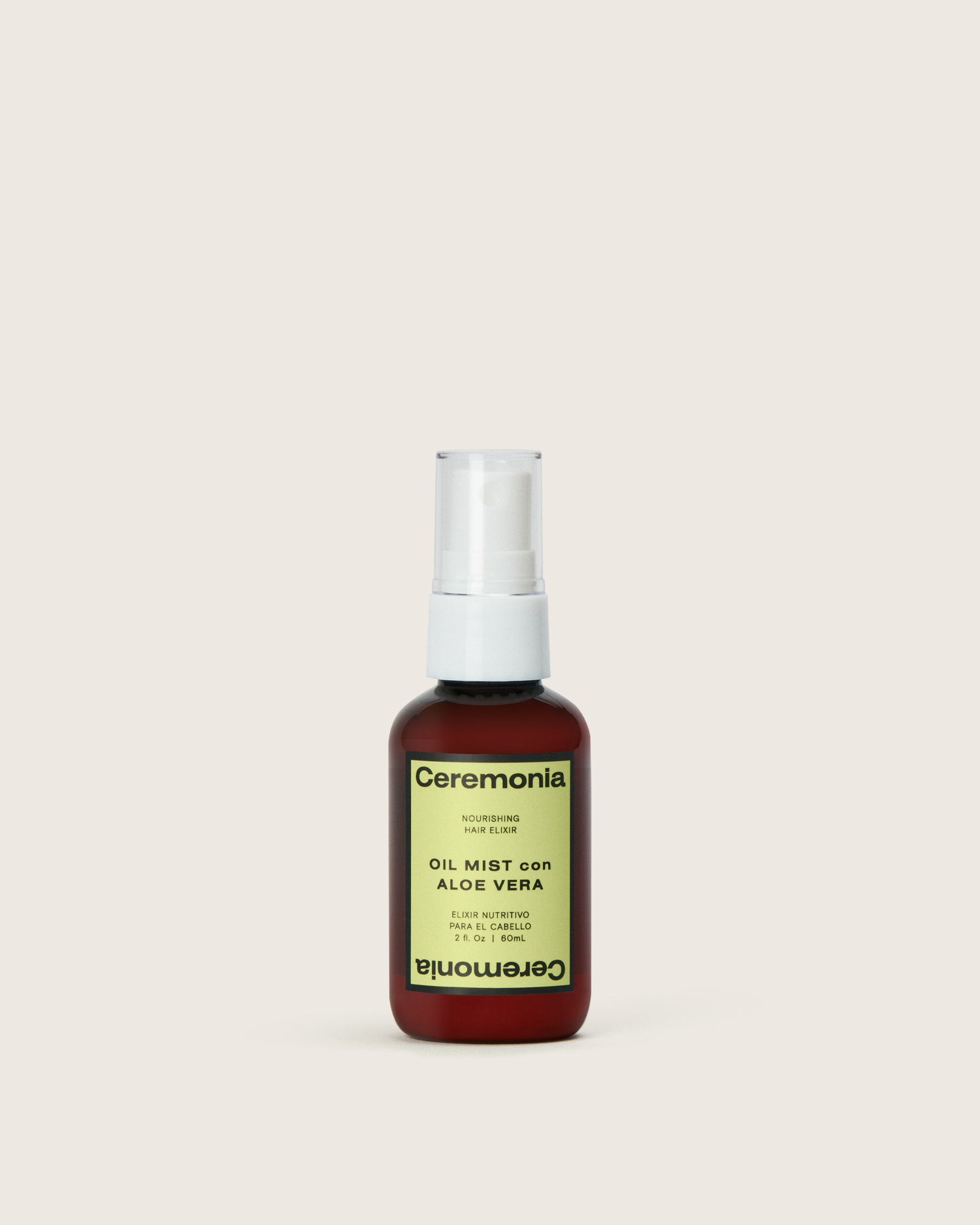 Ceremonia Oil Mist con Aloe Vera spray bottle with green label and 60ml nourishing hair elixir.