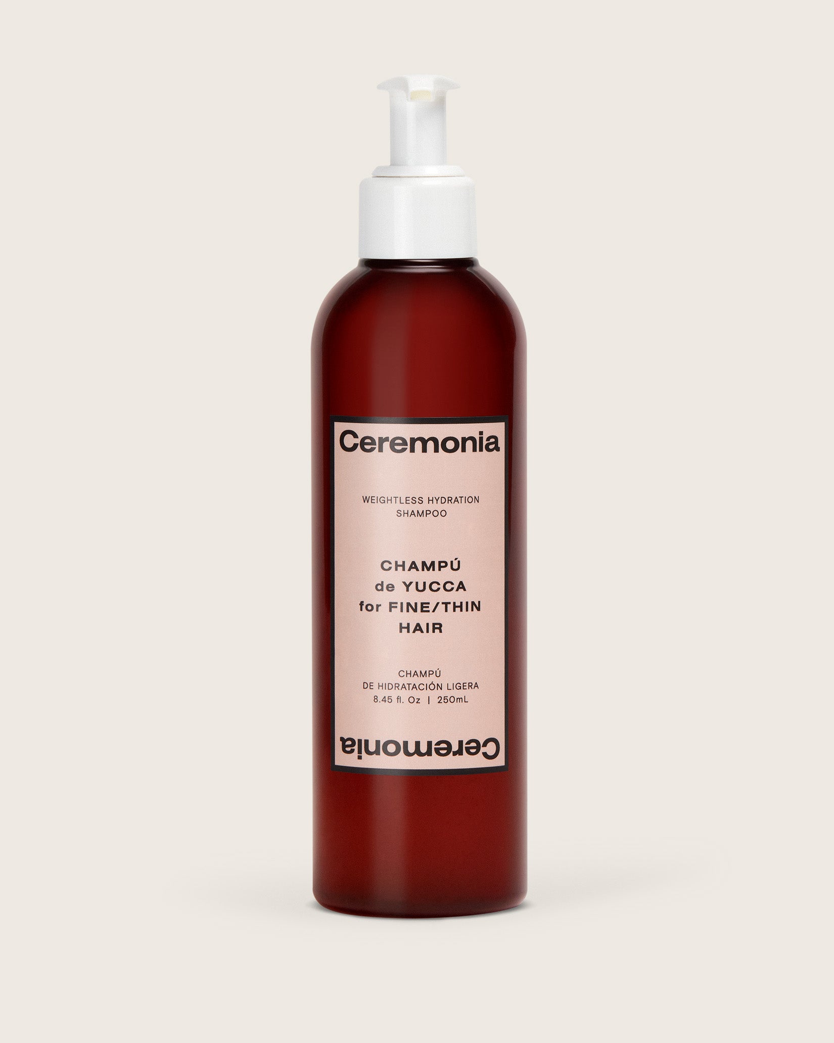 Ceremonia Weightless Hydration shampoo for fine hair in amber pump bottle, 250mL.